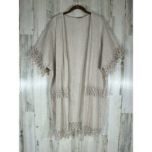Valentina Naldi‎ Linen Cardigan Duster One Size Beige Open Front Crochet Lace
